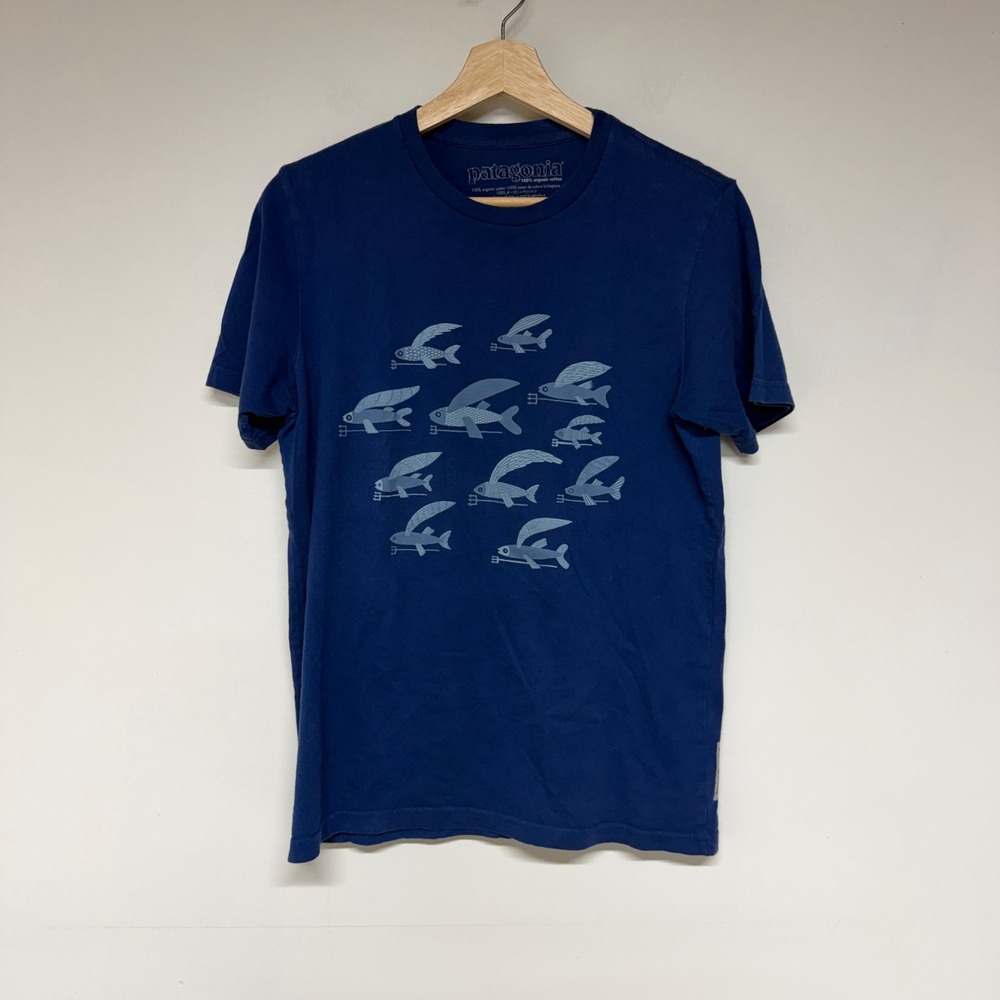 Patagonia Mens Flying Fish Graphic T Shirt Blue Organic Cotton XS Made in USA